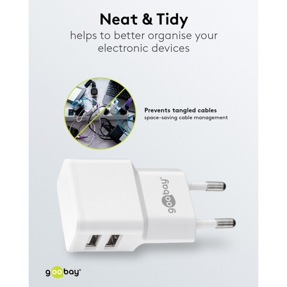 Chargeur mural double Goobay 12W USB-A adaptateur secteur USB compact - Blanc
