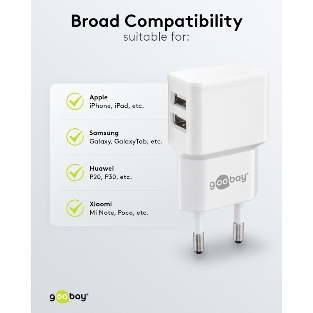 Chargeur mural double Goobay 12W USB-A adaptateur secteur USB compact - Blanc