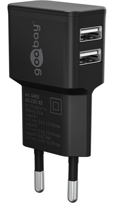 Chargeur mural double Goobay 12W USB-A adaptateur secteur USB compact - Noir
