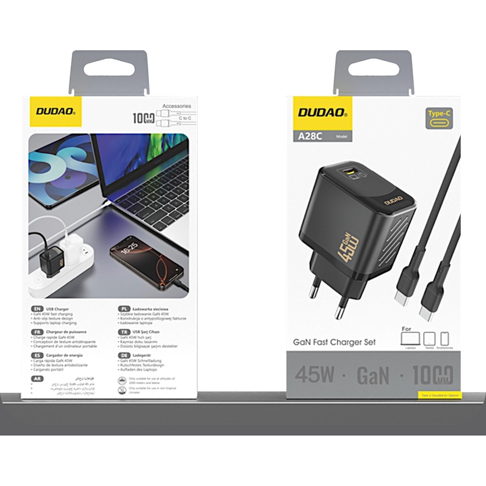 Chargeur mural GaN Dudao A28C 45W avec câble USB-C design antiglisse - Noir