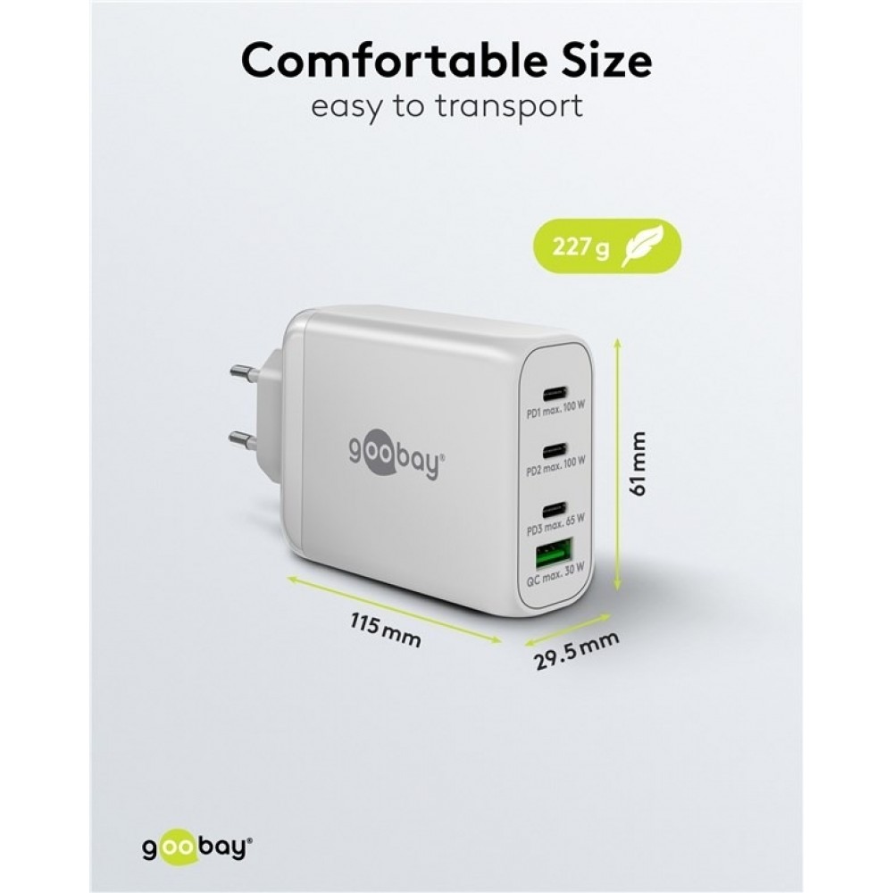 Goobay 100W GaN Multiport Schnellladeger&auml;t mit USB-C Power Delivery & USB-A - Weiss