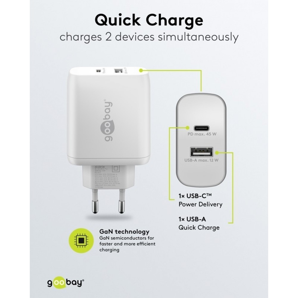 Goobay 45W GaN Schnellladeger&auml;t mit USB-C Power Delivery & USB-A - Weiss