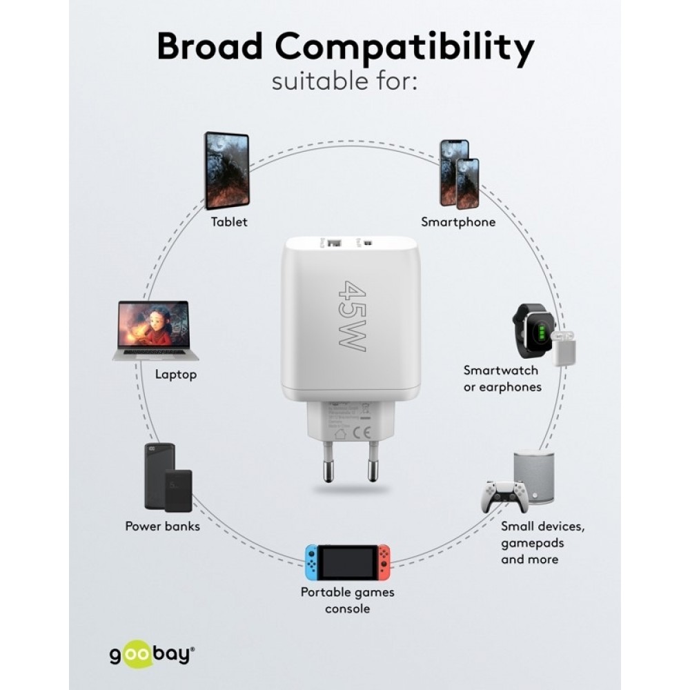 Goobay 45W GaN Schnellladeger&auml;t mit USB-C Power Delivery & USB-A - Weiss