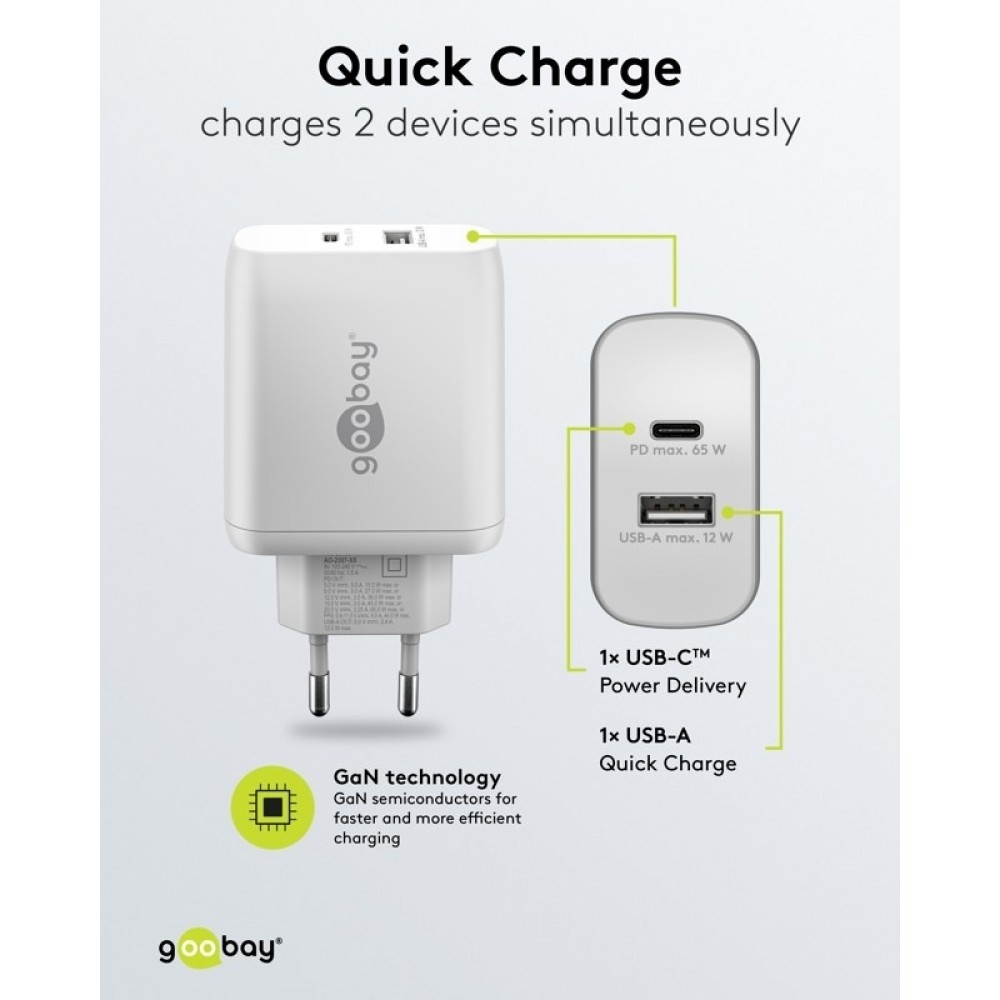 Chargeur rapide Goobay 65W GaN USB-C Power Delivery et USB-A adaptateur mural - Noir