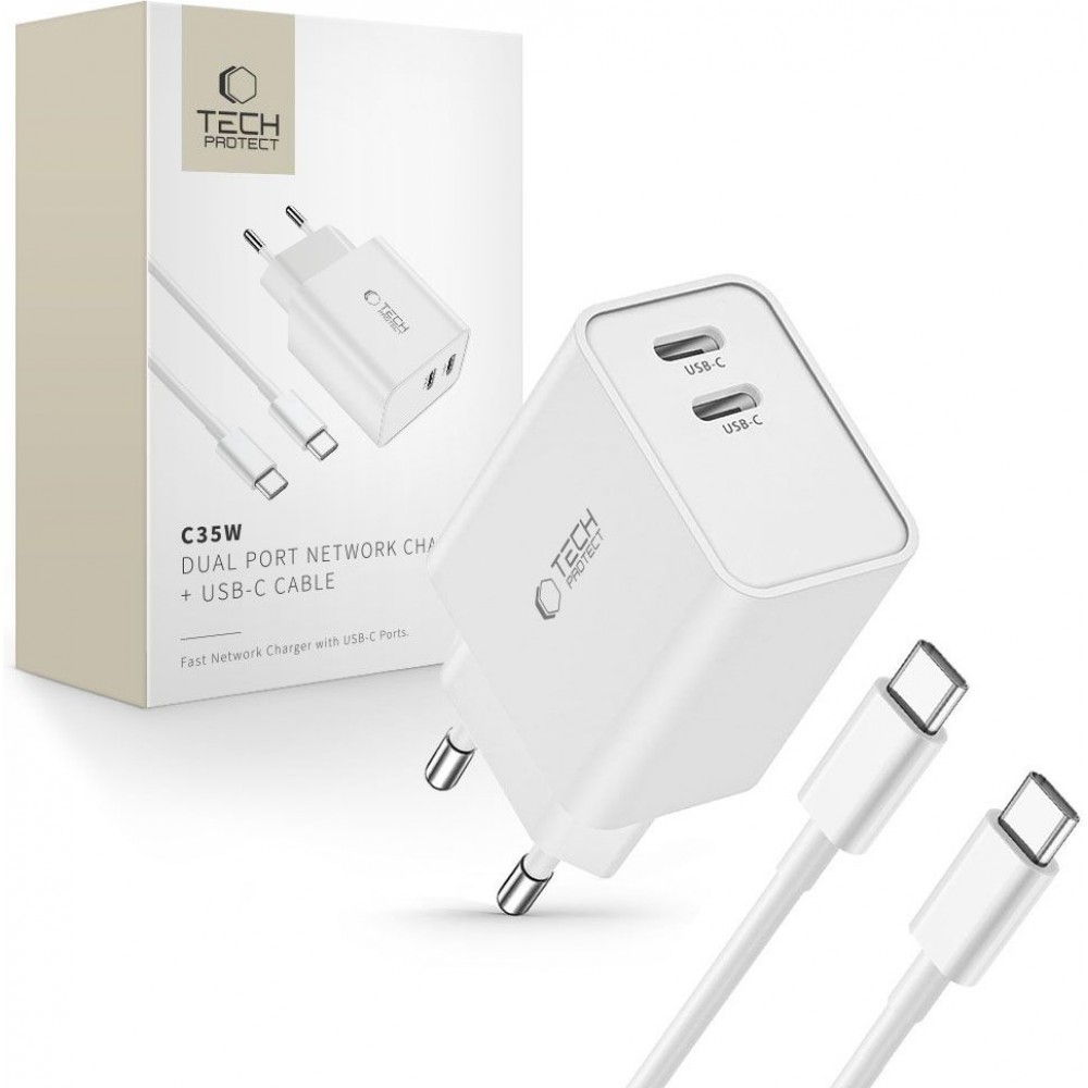 Chargeur Tech-Protect C35W USB-C PD 35W double port avec câble USB-C inclus - Blanc