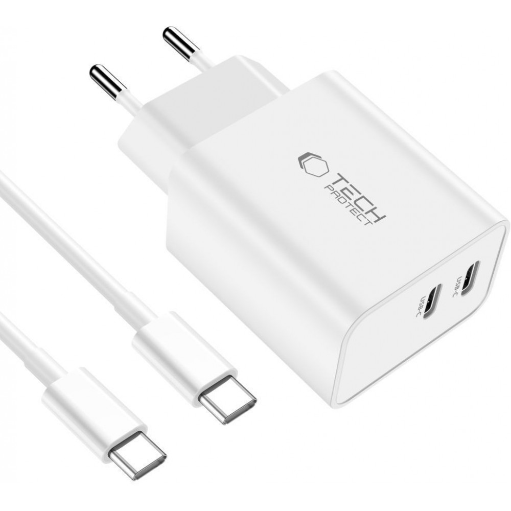 Chargeur Tech-Protect C35W USB-C PD 35W double port avec câble USB-C inclus - Blanc