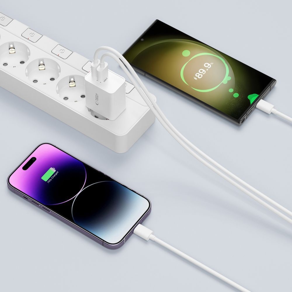 Chargeur Tech-Protect C35W USB-C PD 35W double port avec câble USB-C inclus - Blanc