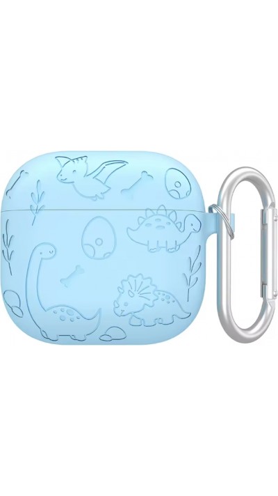 AirPods 4 Case Hülle - Gravierte Silikon-Dinosaurier und Blumen - Blau
