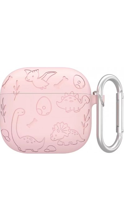 AirPods 4 Case Hülle - Gravierte Silikon-Dinosaurier und Blumen - Rosa