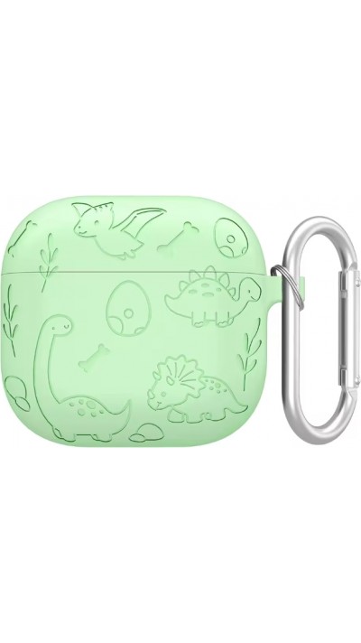 AirPods 4 Case Hülle - Gravierte Silikon-Dinosaurier und Blumen - Hellgrün