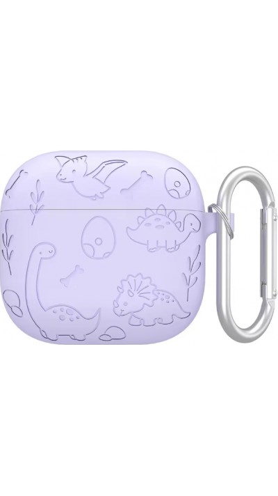 AirPods 4 Case Hülle - Gravierte Silikon-Dinosaurier und Blumen - Violett