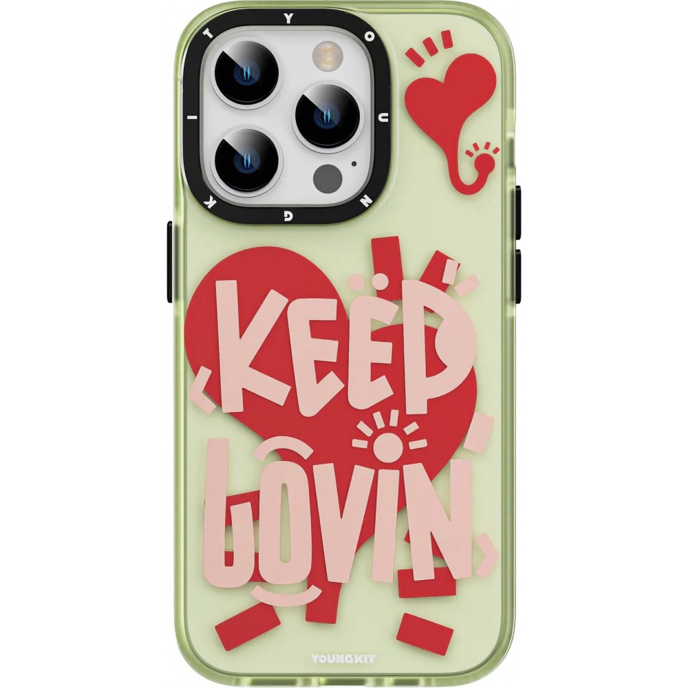Coque iPhone 14 Pro Max - Youngkit Keep Lovin Silicone verte transparente avec c&oelig;ur - Vert