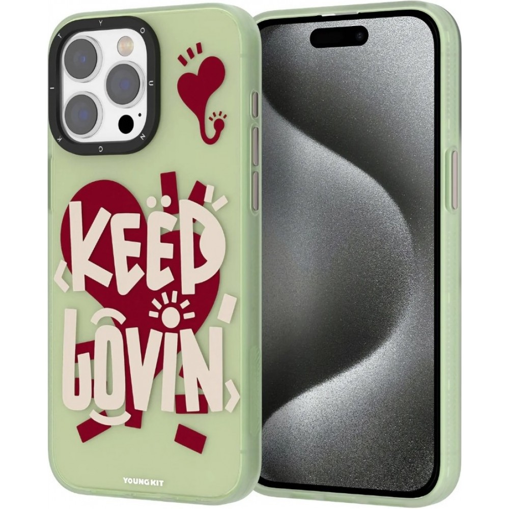 Coque iPhone 14 Pro Max - Youngkit Keep Lovin Silicone verte transparente avec c&oelig;ur - Vert