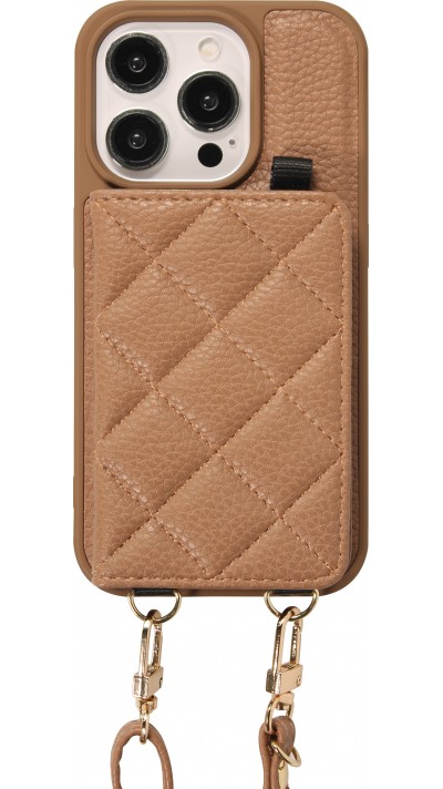 Coque iPhone 15 Pro - Cuir matelass&eacute; avec miroir et compartiment carte inclus grande lani&egrave;re amovible - Brun