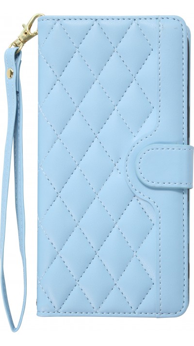 Coque iPhone 16 Pro Max - Flip matelass&eacute; &eacute;l&eacute;gant avec fermeture magn&eacute;tique et lani&egrave;re et emplacements pour cartes - Bleu