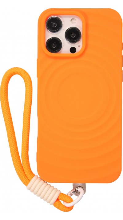 iPhone 16 Pro Max Case H&uuml;lle - Silikon Soft Touch MagSafe mit Wellen und Handschlauf - Orange