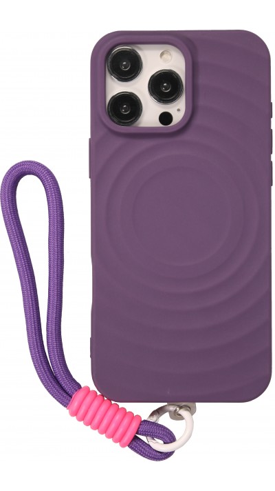 iPhone 16 Pro Max Case H&uuml;lle - Silikon Soft Touch MagSafe mit Wellen und Handschlauf - Violett