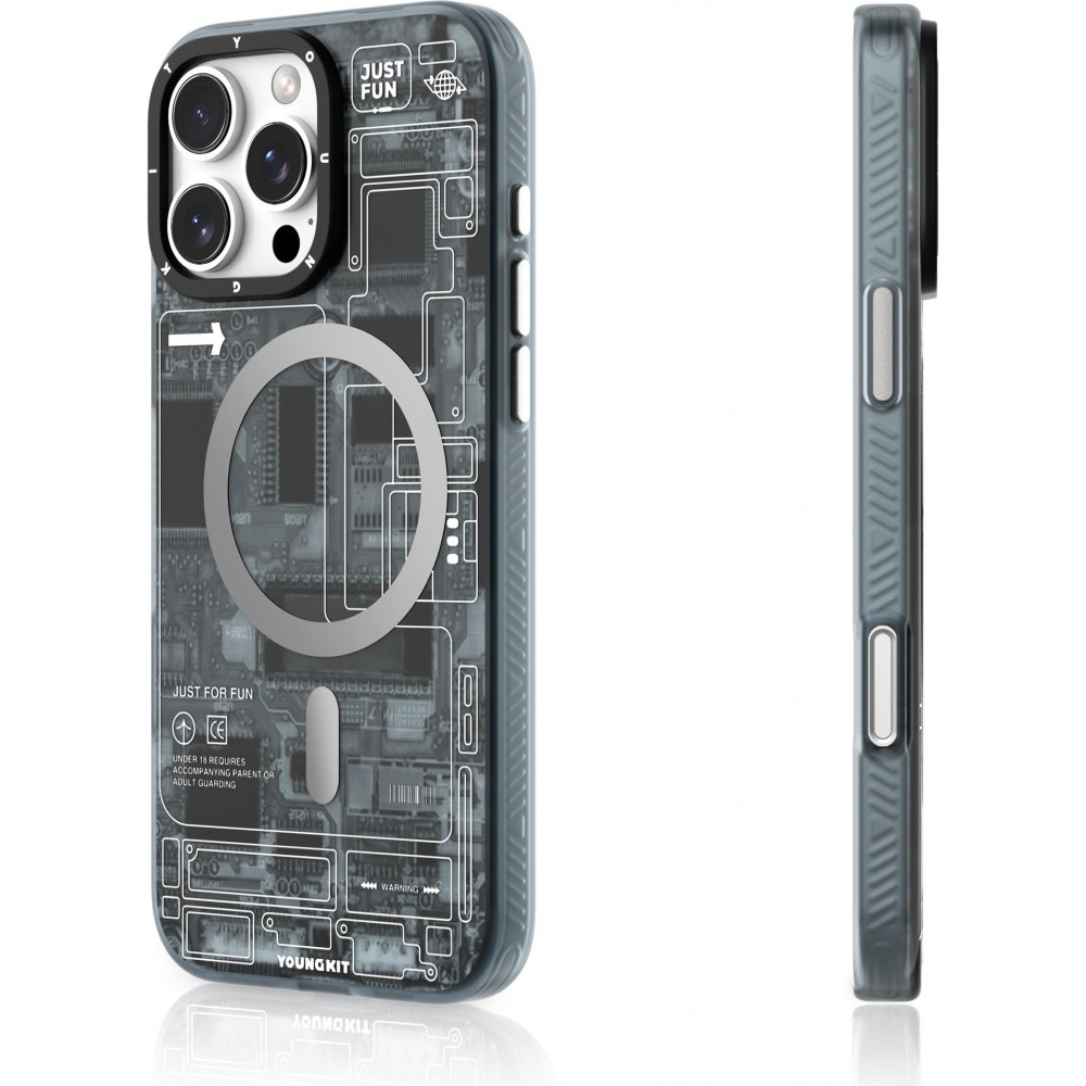 iPhone 16 Pro Max Case H&uuml;lle - Youngkit Silikon MagSafe-kompatibles Design Schaltkreis Stil Elektronikchip - Grau
