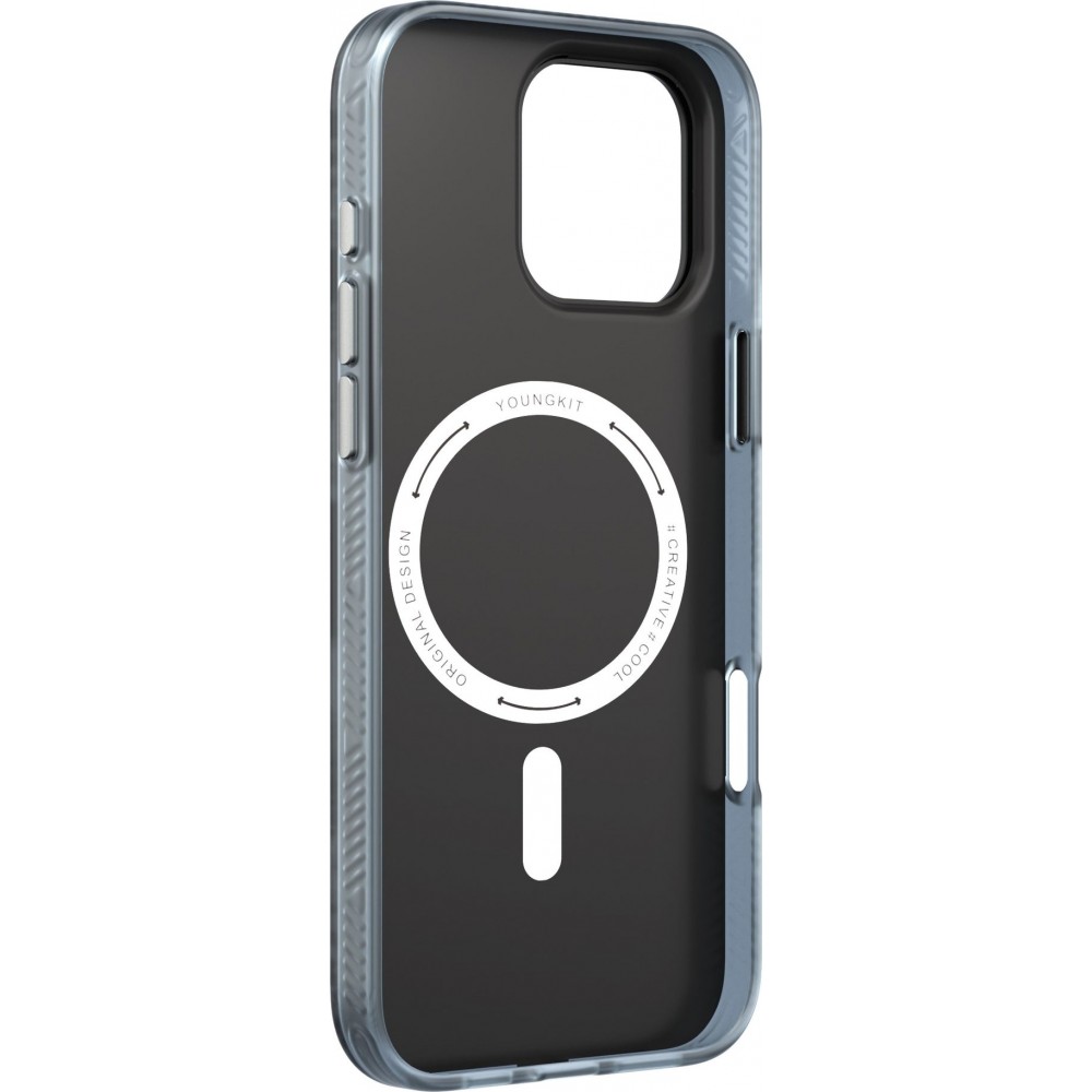 Coque iPhone 16 - Youngkit silicone compatible MagSafe design circuit style puce &eacute;lectronique - Gris