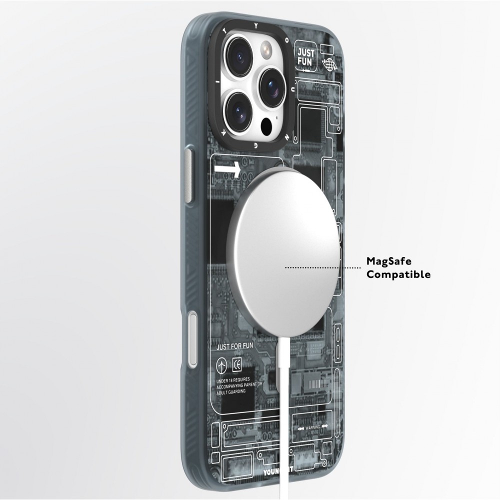 Coque iPhone 16 - Youngkit silicone compatible MagSafe design circuit style puce &eacute;lectronique - Gris