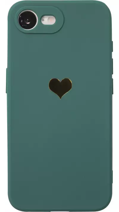 Coque iPhone 16e - Silicone Mat Coeur doré - Vert foncé