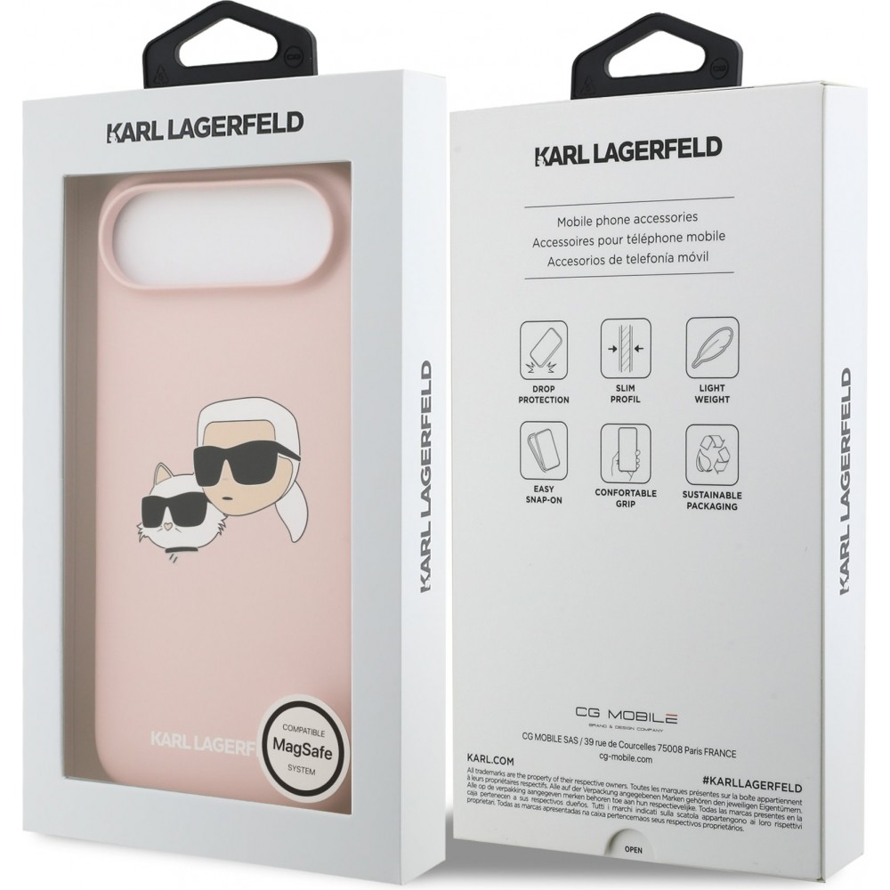 Coque iPhone 17 Air - Karl Lagerfeld Liquid en silicone avec design tête Karl et Choupette compatible MagSafe - Rose