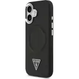 Coque iPhone 17 - Guess MagSafe cuir PU avec logo triangle et cadre caméra métal argenté - Noir