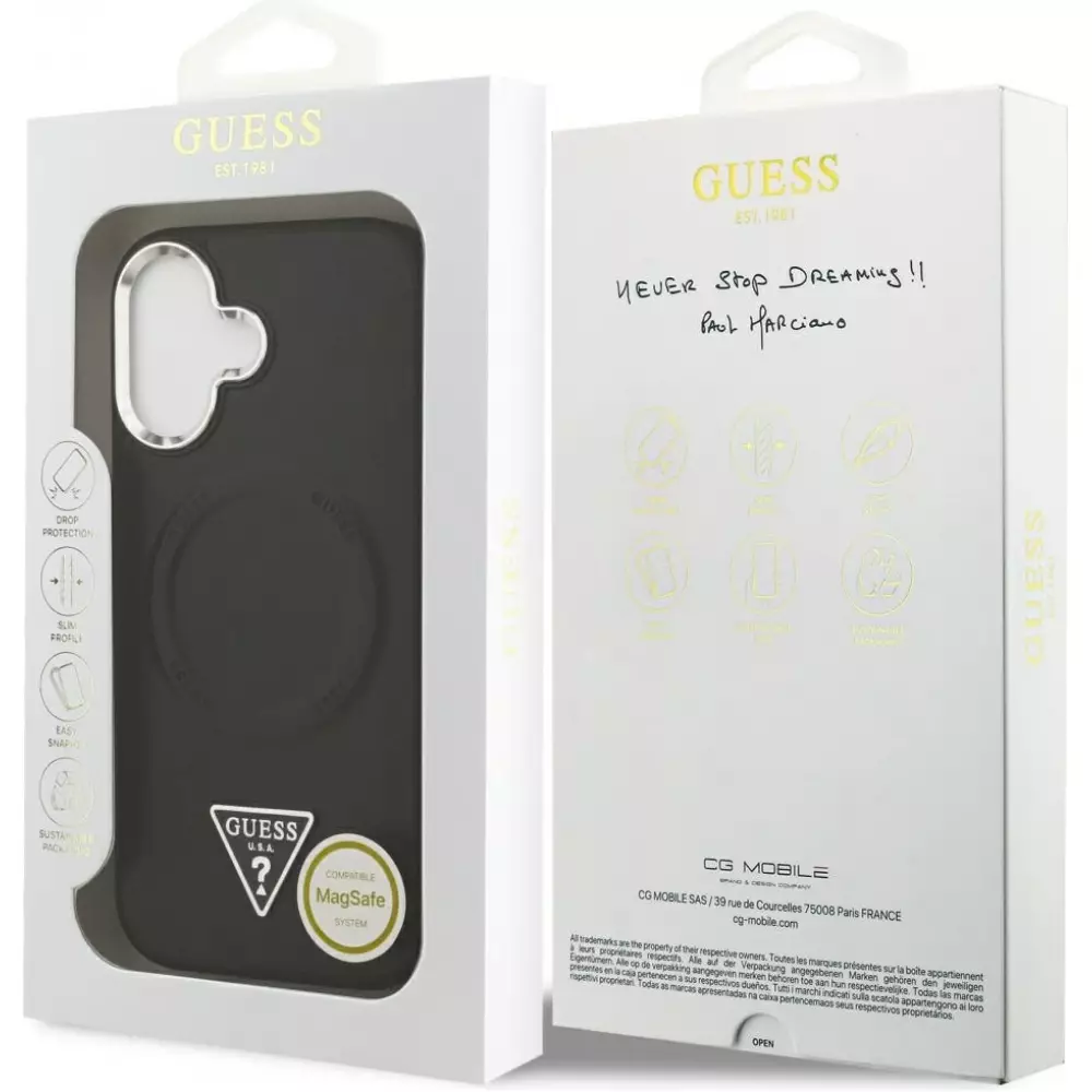 Coque iPhone 17 - Guess MagSafe cuir PU avec logo triangle et cadre caméra métal argenté - Noir