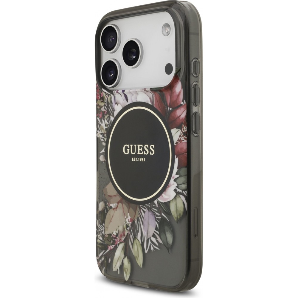 Coque iPhone 17 Pro - Guess IML fleurs avec chaîne poignet compatible MagSafe protection élégante et tendance - Noir