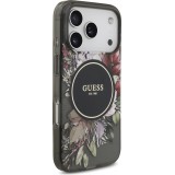 Coque iPhone 17 Pro - Guess IML fleurs avec chaîne poignet compatible MagSafe protection élégante et tendance - Noir