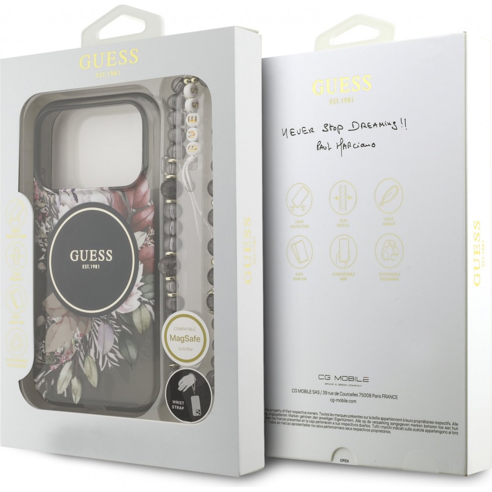 Coque iPhone 17 Pro - Guess IML fleurs avec chaîne poignet compatible MagSafe protection élégante et tendance - Noir