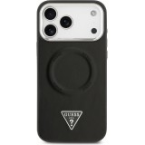 Coque iPhone 17 Pro - Guess MagSafe cuir PU avec logo triangle et cadre cam&eacute;ra m&eacute;tal argent&eacute; - Noir