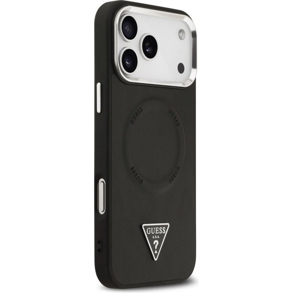 Coque iPhone 17 Pro - Guess MagSafe cuir PU avec logo triangle et cadre cam&eacute;ra m&eacute;tal argent&eacute; - Noir