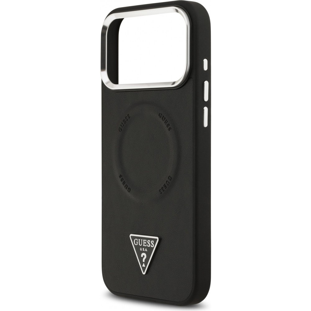 Coque iPhone 17 Pro - Guess MagSafe cuir PU avec logo triangle et cadre cam&eacute;ra m&eacute;tal argent&eacute; - Noir