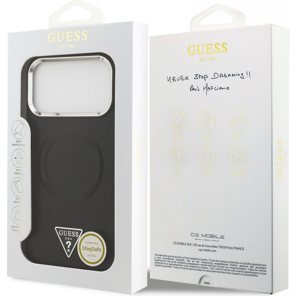 Coque iPhone 17 Pro - Guess MagSafe cuir PU avec logo triangle et cadre cam&eacute;ra m&eacute;tal argent&eacute; - Noir