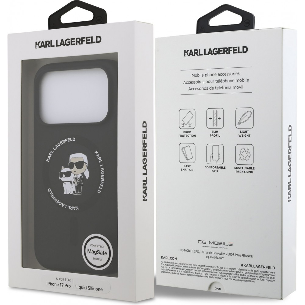 Coque iPhone 17 Air - Karl Lagerfeld Liquid en silicone avec design Karl et Choupette compatible MagSafe - Noir