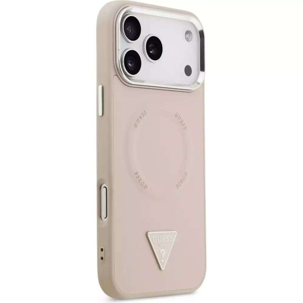 Coque iPhone 17 Pro Max - Guess MagSafe cuir PU avec logo triangle et cadre caméra métal argenté - Rose