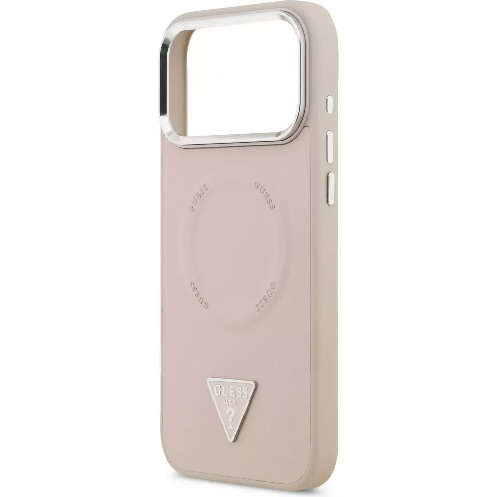 Coque iPhone 17 Pro Max - Guess MagSafe cuir PU avec logo triangle et cadre caméra métal argenté - Rose