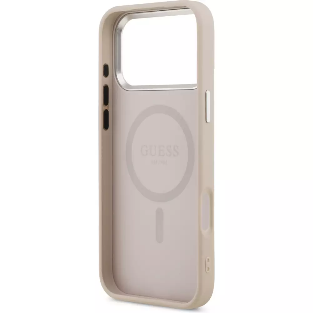 Coque iPhone 17 Pro Max - Guess MagSafe cuir PU avec logo triangle et cadre caméra métal argenté - Rose