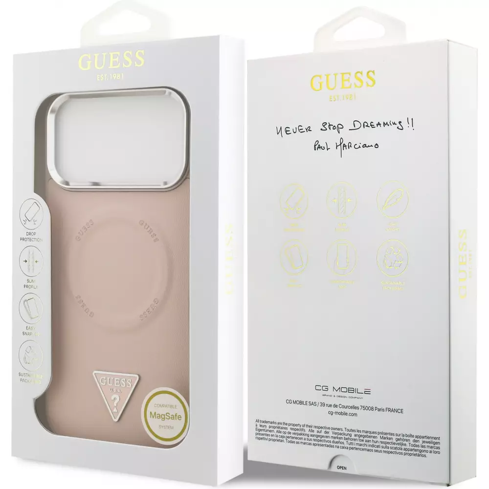 Coque iPhone 17 Pro Max - Guess MagSafe cuir PU avec logo triangle et cadre caméra métal argenté - Rose