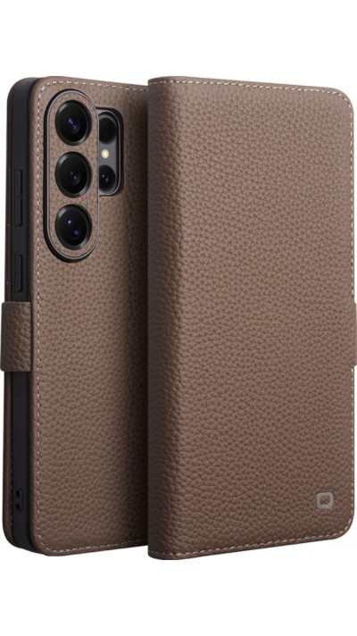 Samsung Galaxy S26 Ultra Case Hülle - Flip Qialino Full Grain Wallet Echtleder matt mit Magnetverschluss - Braun
