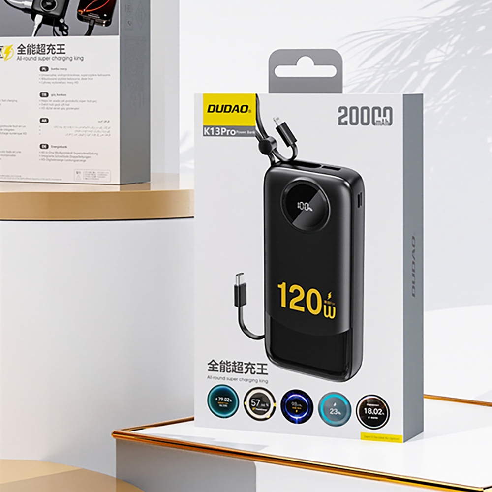 Dudao K13Pro batterie externe 20000mAh avec c&acirc;bles int&eacute;gr&eacute;s Powerbank portable - Noir