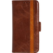 Etui cuir iPhone 17 - Flip Wallet en cuir véritable avec stripe design et compartiment à cartes - Brun foncé