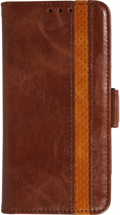 Etui cuir iPhone 17 - Flip Wallet en cuir véritable avec stripe design et compartiment à cartes - Brun foncé