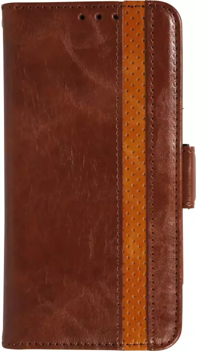 Etui cuir iPhone 17 - Flip Wallet en cuir véritable avec stripe design et compartiment à cartes - Brun foncé