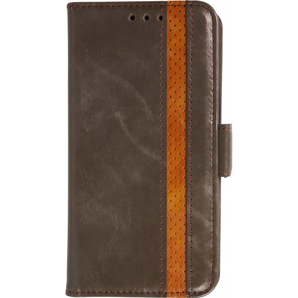 Etui cuir iPhone 17 - Flip Wallet en cuir véritable avec stripe design et compartiment à cartes - Gris