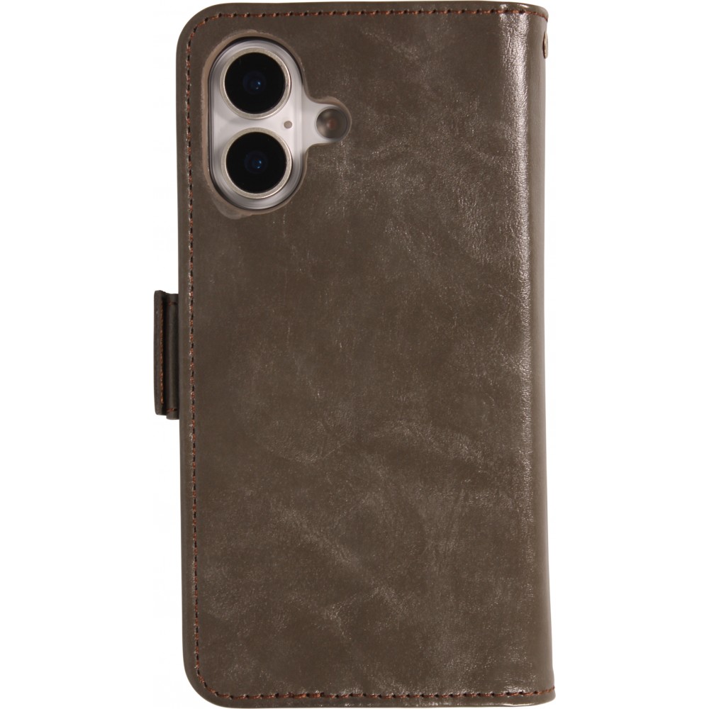 Etui cuir iPhone 17 - Flip Wallet en cuir véritable avec stripe design et compartiment à cartes - Gris
