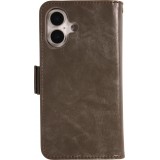 Etui cuir iPhone 17 - Flip Wallet en cuir véritable avec stripe design et compartiment à cartes - Gris