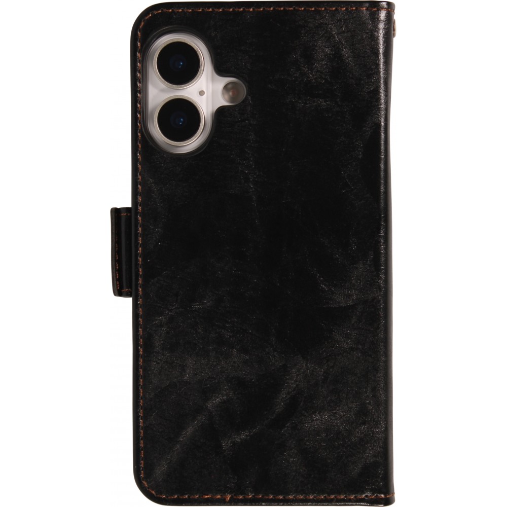 Etui cuir iPhone 17 - Flip Wallet en cuir véritable avec stripe design et compartiment à cartes - Noir