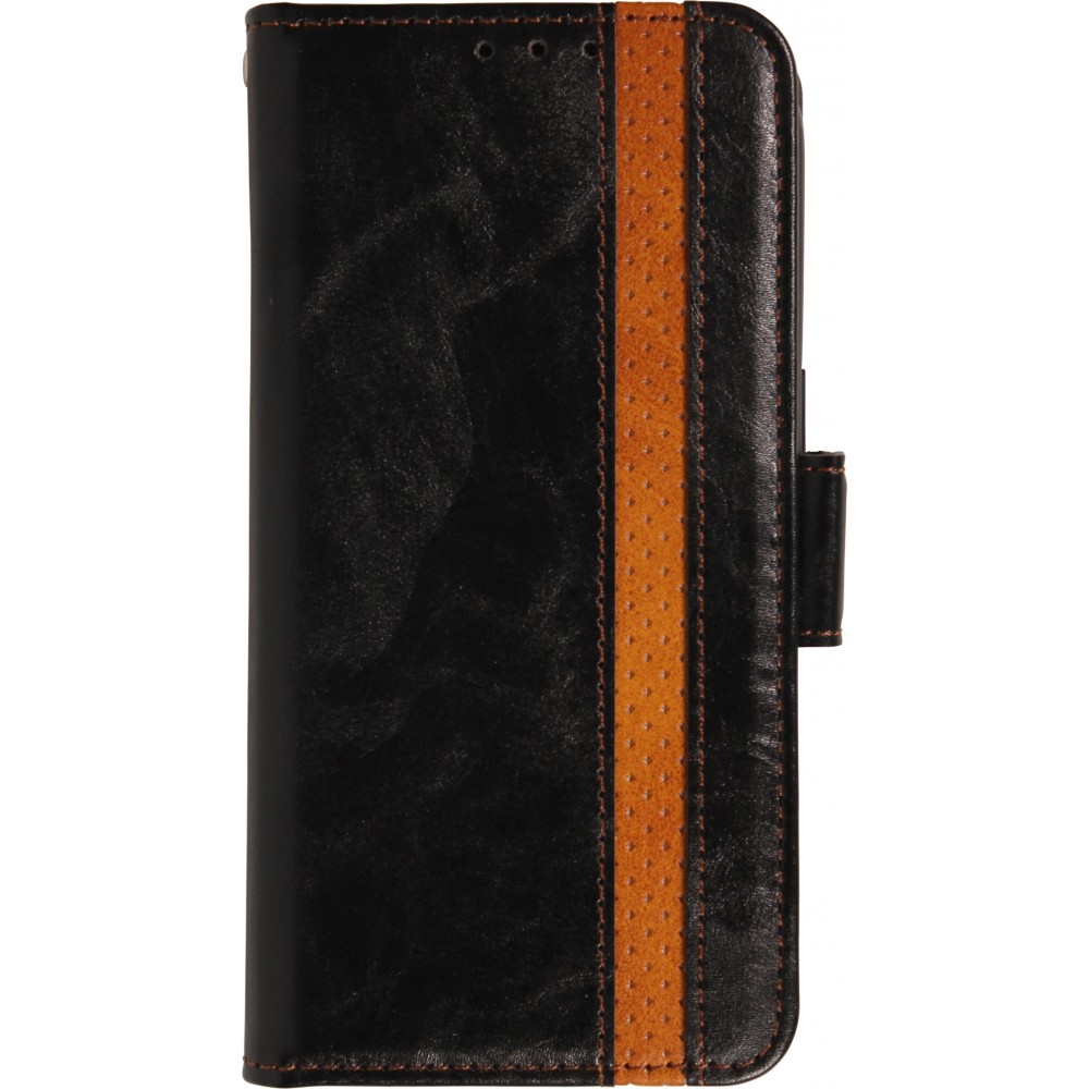 Etui cuir iPhone 17 - Flip Wallet en cuir véritable avec stripe design et compartiment à cartes - Noir